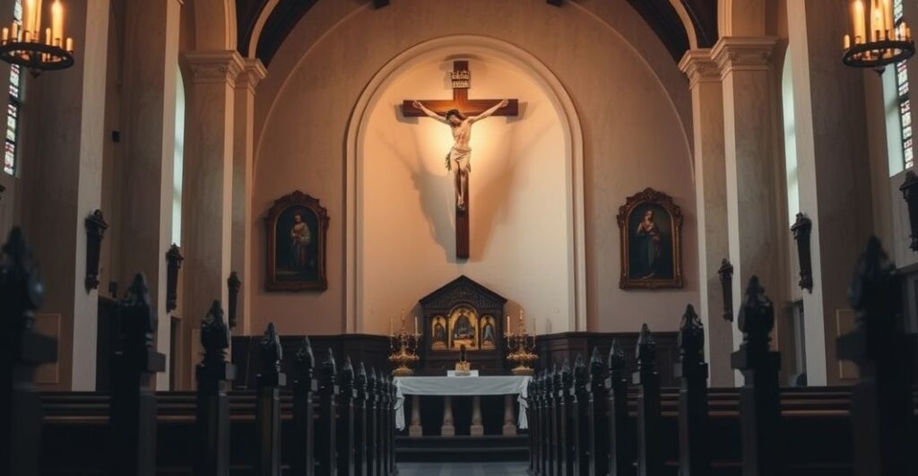 Reverentna scena wnętrza katolickiego kościoła z krucyfiksem, wyrażająca głęboką wiarę i szacunek dla prawdziwej religii katolickiej, bez surrealizmu i niedoskonałości.