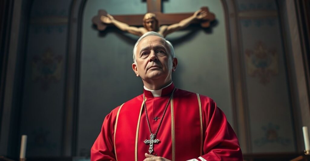 Ksiądz w tradycyjnych szatach katolickich przed krucyfiksem, wyraz powagi i krytycyzmu wobec aborcji, w kościelnym wnętrzu