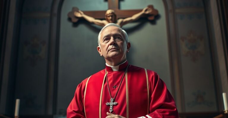 Ksiądz w tradycyjnych szatach katolickich przed krucyfiksem, wyraz powagi i krytycyzmu wobec aborcji, w kościelnym wnętrzu