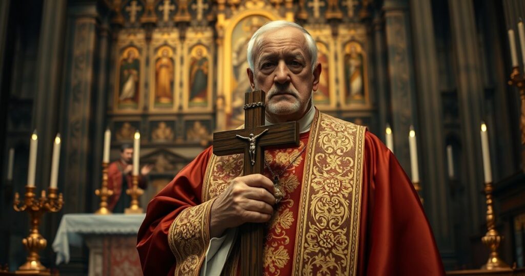 Kowalski w sutannie przed ołtarzem, wyraz powagi i krytyki wobec współczesnych konfliktów moralnych i ataków na prawo Boże w społeczeństwie katolickim.