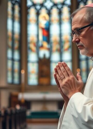 Ksiądz w modlitwie w kościele – obraz refleksji religijnej Ksiądz w sutannie modli się w kościele, podkreślając powagę i wiarę, w realistycznym stylu zdjęcia stockowego
