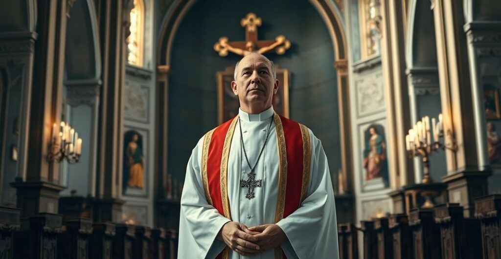 Ksiądz katolicki w tradycyjnym kościele podczas modlitwy, refleksja nad tragedią apostazji i moralnego upadku współczesnego świata