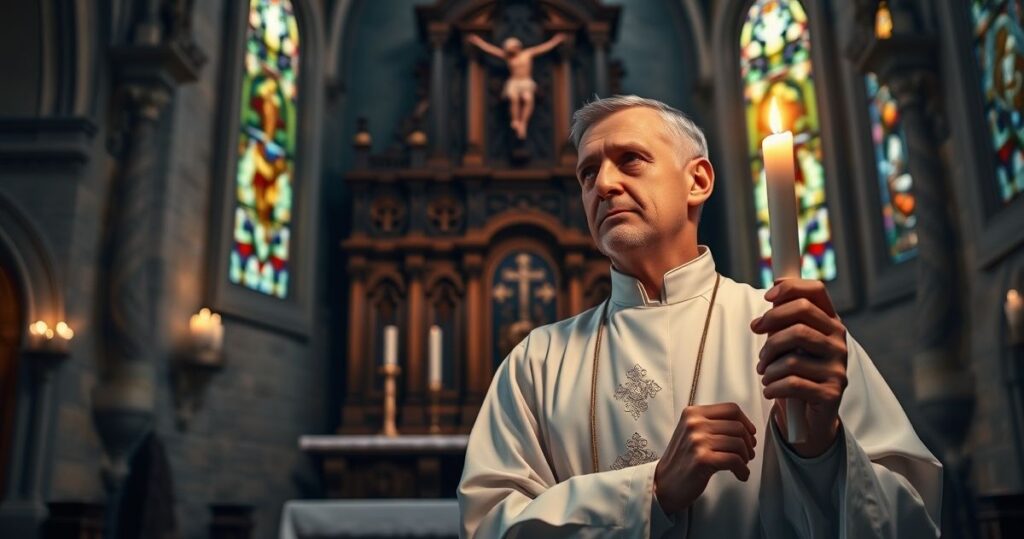Ksiądz katolicki trzymający świecę przed ołtarzem z krucyfiksem, symbolizujący duchowe przewodnictwo i wiarę w tradycyjnej świątyni
