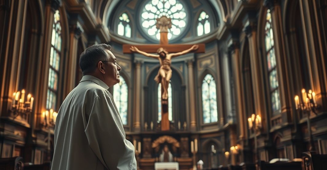 Realistyczne zdjęcie katolickiego księdza w kościele, symbolizujące krytykę technokratycznej nowoczesności i zagrożeń sztucznej inteligencji dla wiary