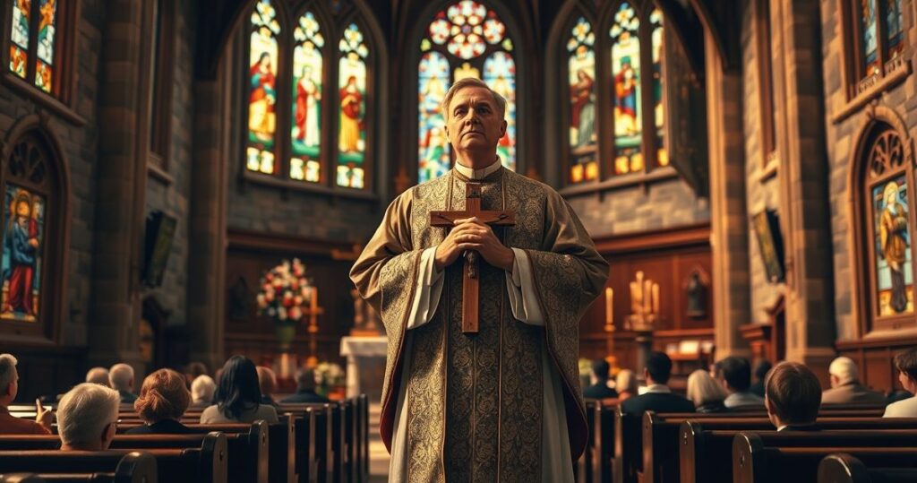 Wnętrze tradycyjnego kościoła katolickiego z kapłanem trzymającym krucyfiks podczas modlitwy, ukazujące powagę i duchową głębię liturgii