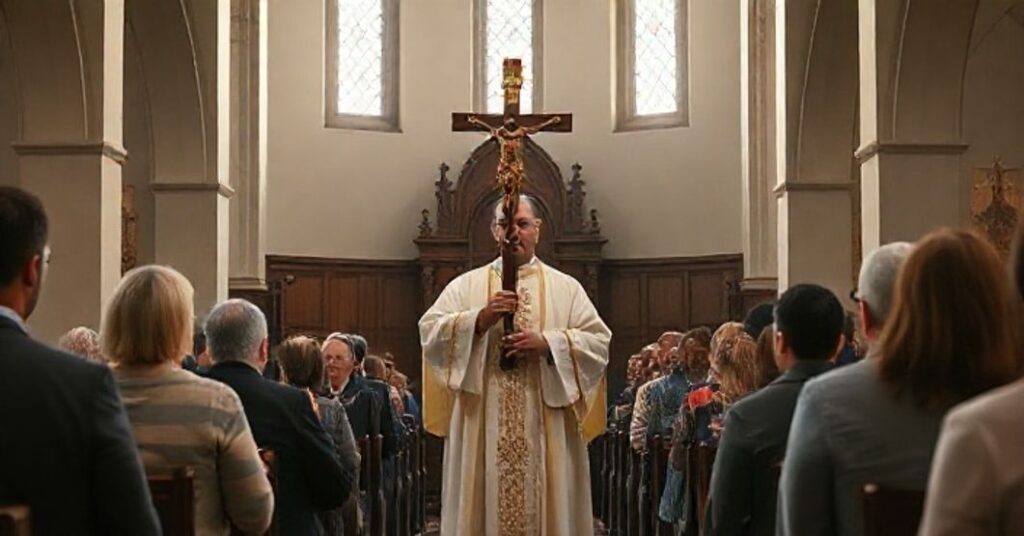 Reverent Catholic priest w Eucharystii w kościele, głęboki nastrój refleksji nad grzechem aborcji, sakramentalne przebaczenie, tradycyjny kościół, powaga i modlitwa