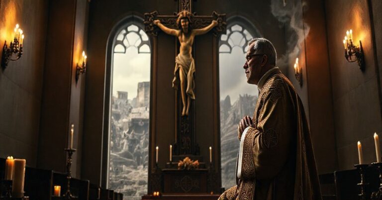 Kapłan modlący się przed krucyfiksem z cierpiącymi w Gazie w tle, ukazując realną i pełną szacunku scenę katolicką