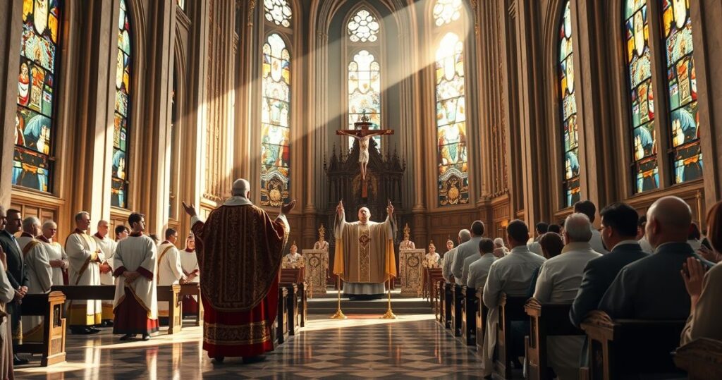 Sanktuarium katolickie z duchownymi podczas modlitwy, ukazujące troskę o prawowitość i Królestwo Chrystusa w obliczu współczesnej apostazji i rządu bez Boga