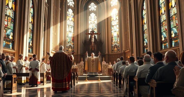 Sanktuarium katolickie z duchownymi podczas modlitwy, ukazujące troskę o prawowitość i Królestwo Chrystusa w obliczu współczesnej apostazji i rządu bez Boga