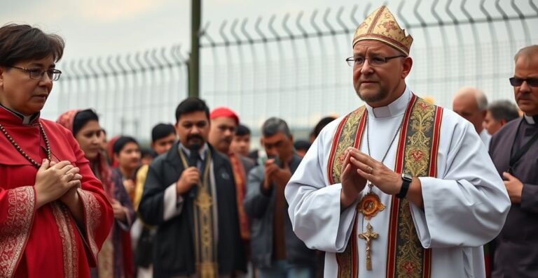 Realistyczne zdjęcie katolickiego księdza prowadzącego modlitwę na granicy, z wiernymi w tradycyjnych strojach, oddającym pobożność i szacunek wobec sakramentów i Magisterium Kościoła
