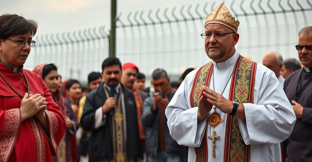 Realistyczne zdjęcie katolickiego księdza prowadzącego modlitwę na granicy, z wiernymi w tradycyjnych strojach, oddającym pobożność i szacunek wobec sakramentów i Magisterium Kościoła