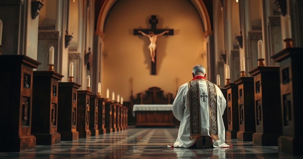 Wnętrze katolickiego kościoła z kapłanem modlącym się przed krucyfiksem, ukazujące duchową głębię i tradycję