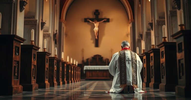 Wnętrze katolickiego kościoła z kapłanem modlącym się przed krucyfiksem, ukazujące duchową głębię i tradycję