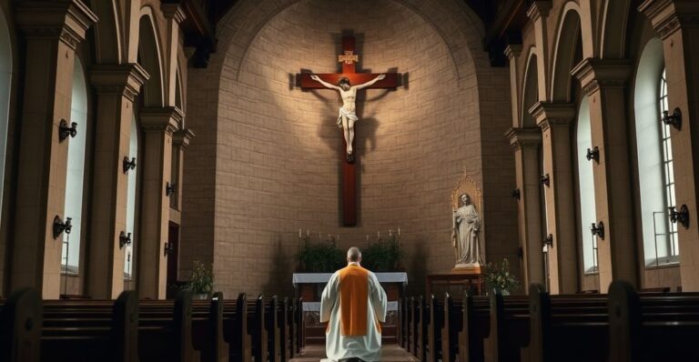 Religijna scena w katolickim kościele z kapłanem modlącym się przed krzyżem, wywołująca głębokie wzruszenie i duchową refleksję