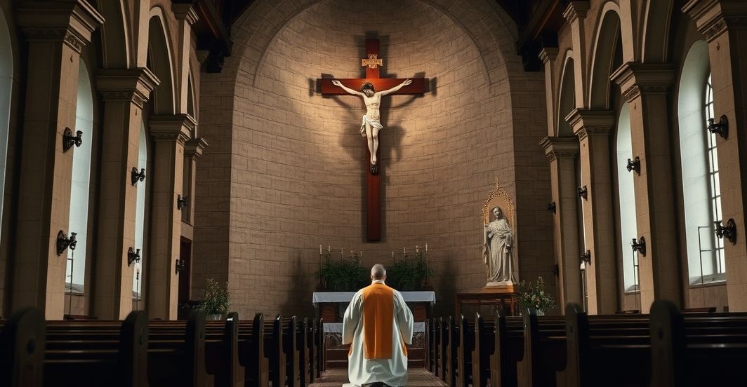 Katolicka scena modlitewna w kościele z kapłanem i krzyżem Religijna scena w katolickim kościele z kapłanem modlącym się przed krzyżem, wywołująca głębokie wzruszenie i duchową refleksję