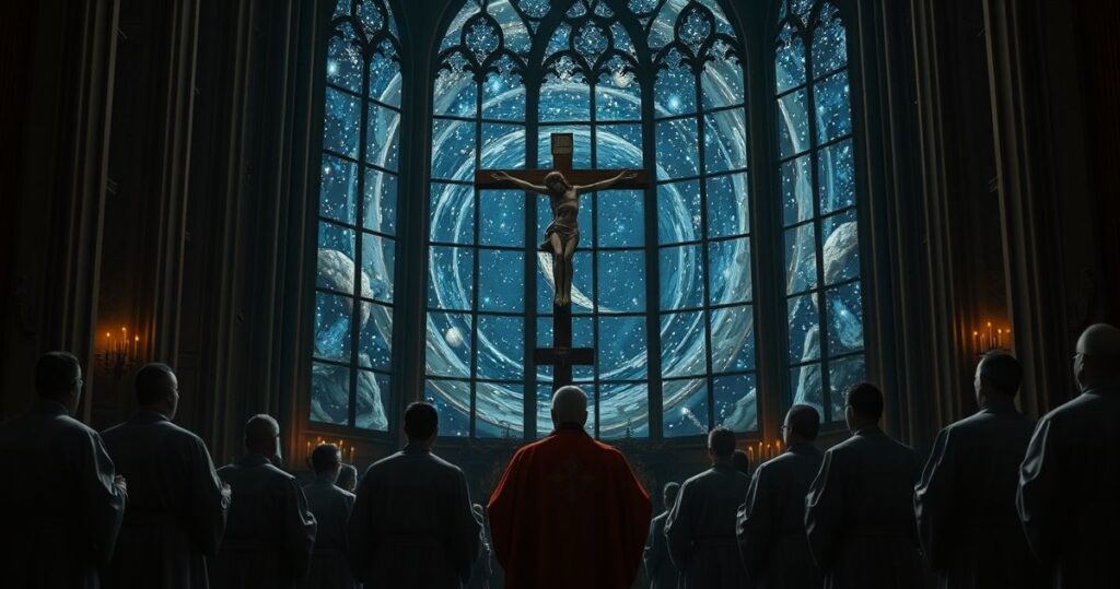 Szczegółowe zdjęcie kościoła katolickiego z kapłanami modlącymi się przed krucyfiksem, z widokiem na kosmos przez okno, symbolizujące pokorę wobec Boga i krytykę nauki bez Boga