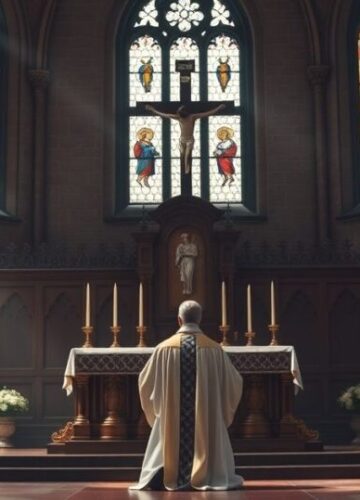 Religijny obraz katolickiego kapłana modlącego się przed krucyfiksem w tradycyjnym kościele, symbolizujący potrzebę powrotu do prawdziwej wiary i sakramentów