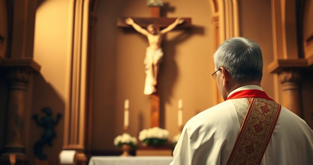 Kapłan w tradycyjnych szatach modlący się przed krucyfiksem w kościele, symbol pokoju i Bożej władzy
