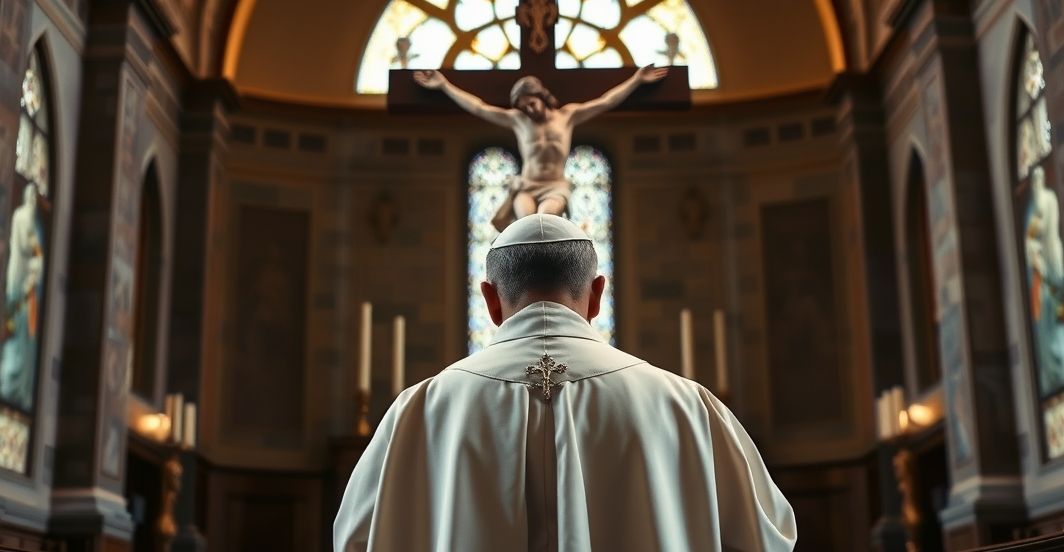 Ksiądz modli się w kościele nad kryzysem sekularyzmu i utratą Chrystusa w polityce Ksiądz katolicki modli się przed krucyfiksem w świątyni, wyraz powagi i refleksji nad kryzysem sekularyzmu i utratą panowania Chrystusa w polityce.