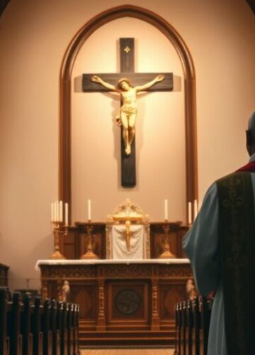 Scena modlitewna w katolickim kościele z krzyżem dla bloga katolickiego Obraz katolicki przedstawiający kapłana modlącego się przed wielkim krzyżem w tradycyjnym kościele, symbolizujący prawdziwą wiarę i szacunek wobec Krzyża Chrystusowego