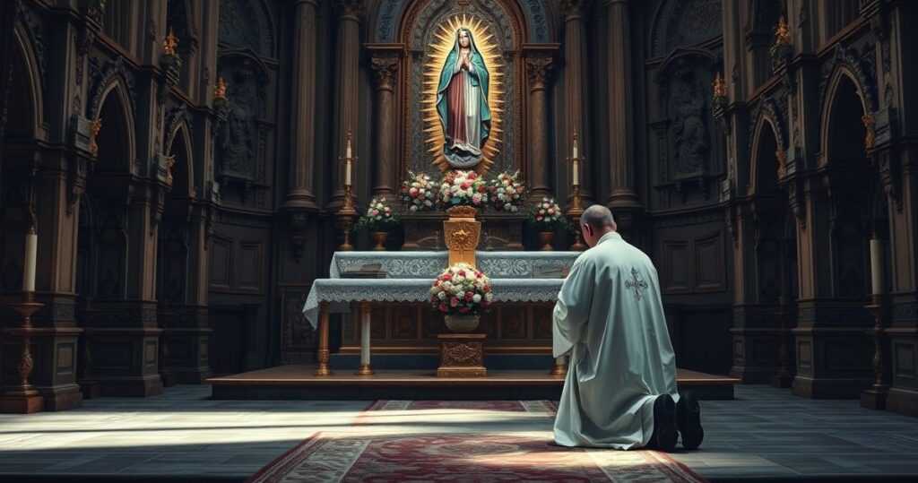 Kapłan modlący się przed ołtarzem z figurą Matki Bożej, scena pełna czci i powagi, odpowiednia dla katolickiego bloga