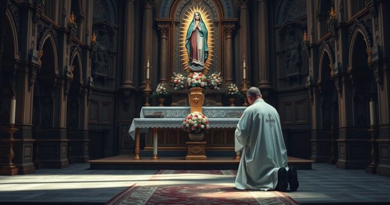 Kapłan modlący się przed ołtarzem z figurą Matki Bożej, scena pełna czci i powagi, odpowiednia dla katolickiego bloga