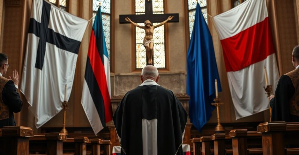 Kapłan w tradycyjnych szatach modli się przed krucyfiksem, w tle flagi Estonii i Rosji, ukazując krytykę militarnych prowokacji NATO z katolickiej perspektywy.