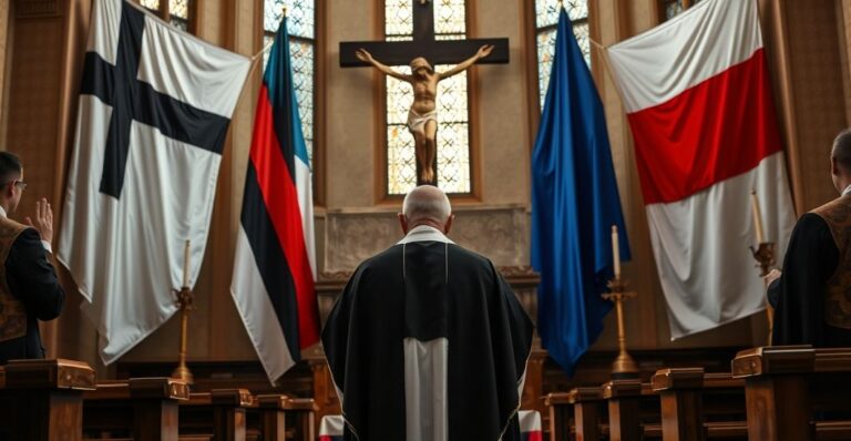 Kapłan w tradycyjnych szatach modli się przed krucyfiksem, w tle flagi Estonii i Rosji, ukazując krytykę militarnych prowokacji NATO z katolickiej perspektywy.