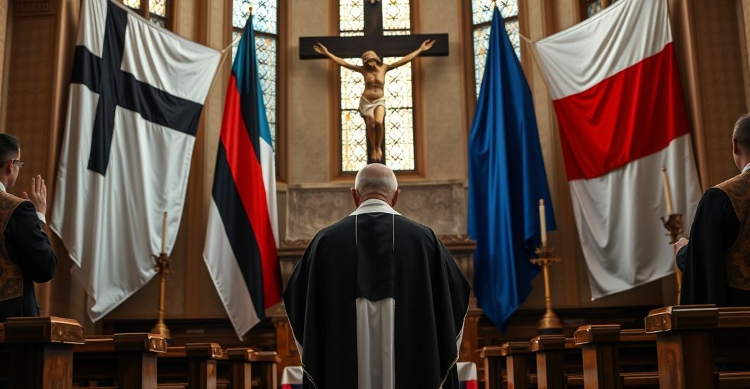 Kapłan w tradycyjnych szatach modli się przed krucyfiksem, w tle flagi Estonii i Rosji, ukazując krytykę militarnych prowokacji NATO z katolickiej perspektywy.