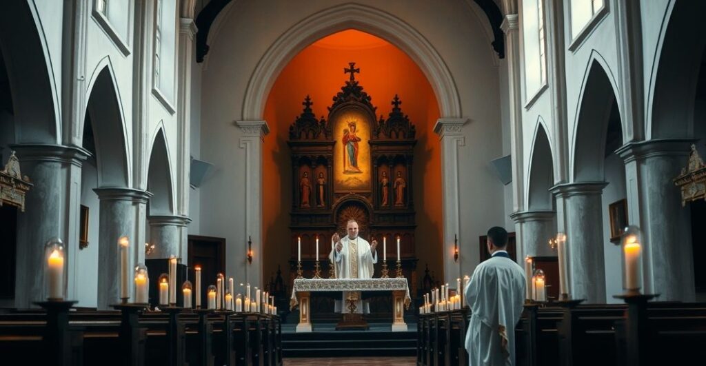 Szczera, religijna scena w kościele katolickim z kapłanem podczas modlitwy za ofiary przemocy politycznej, ukazująca powagę i wiarę.