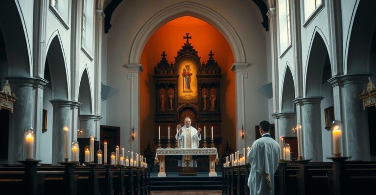 Szczera, religijna scena w kościele katolickim z kapłanem podczas modlitwy za ofiary przemocy politycznej, ukazująca powagę i wiarę.
