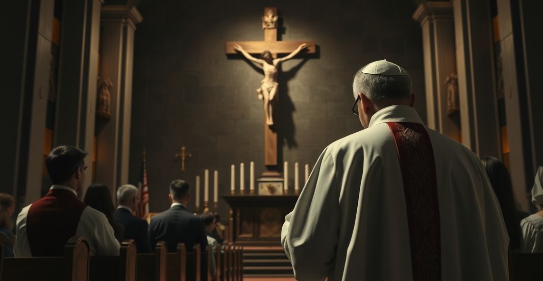 Sakrament i modlitwa kapłana w świątyni, symbolizujące obronę życia według nauki katolickiej, z podkreśleniem powagi i duchowości