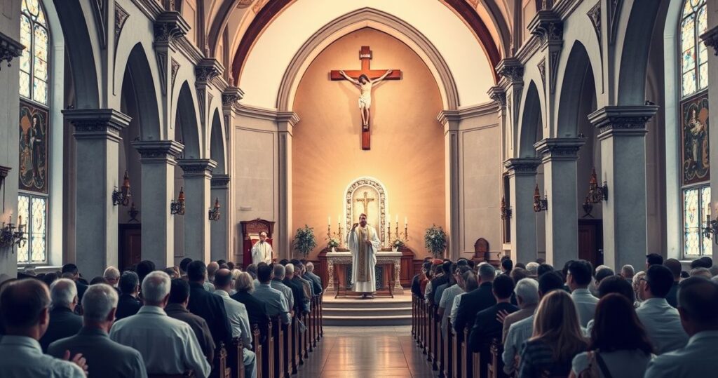 Obraz katolickiego kościoła podczas modlitwy, ukazujący kapłana i wiernych w skupieniu, symbolizujący wierność tradycji i wiarę w Chrystusa Króla