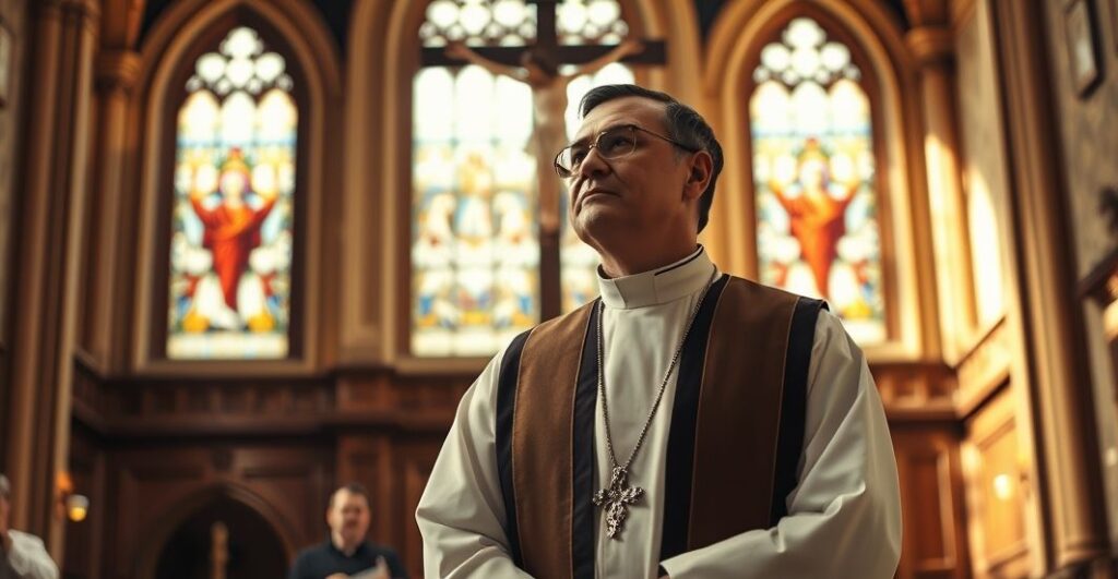 Ksiądz katolicki w tradycyjnym stroju w historycznym kościele, refleksja nad kryzysem moralnym i politycznym, obraz poważny i pełen powagi religijnej