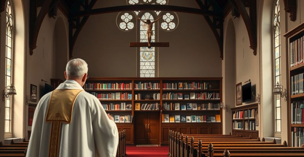 Obraz katolickiego kapłana w świątyni rozważającego usunięte książki z bibliotek szkolnych, symbolizujący opór wobec modernistycznej cenzury bez Chrystusa