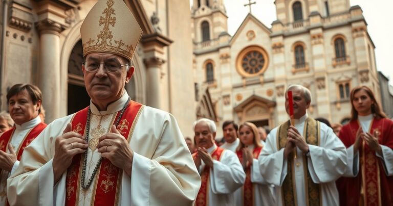 Rekreacja realistycznego, pełnego szacunku katolickiego nabożeństwa z kapłanem i wiernymi podczas uroczystości przy kościele