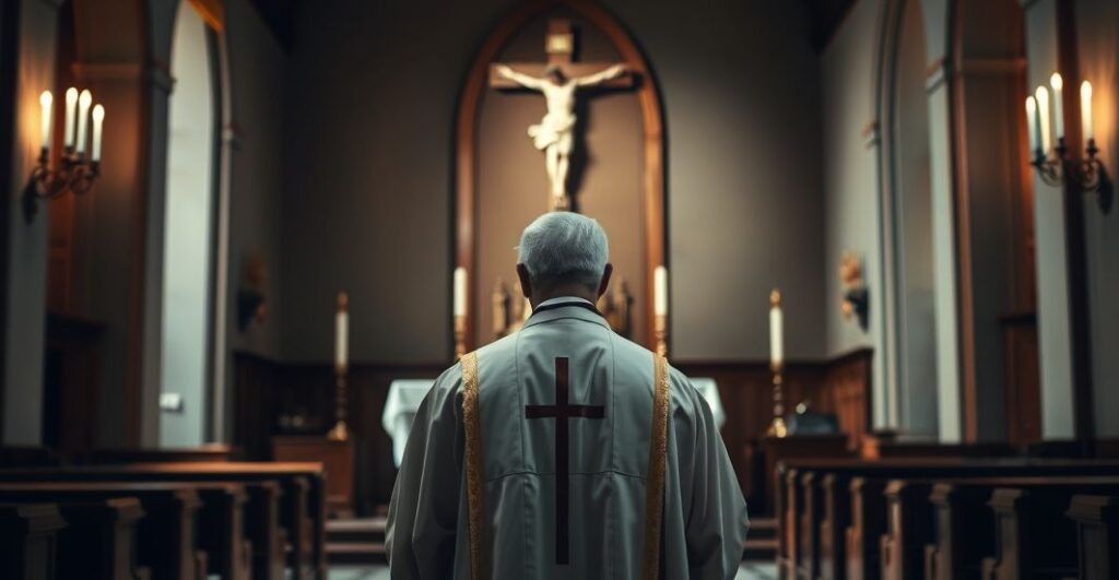 Rezystentny katolicki duchowny w tradycyjnych szatach przed ołtarzem, symbolizujący krytykę nowoczesnych praktyk kulinarnych i kryzys wiary