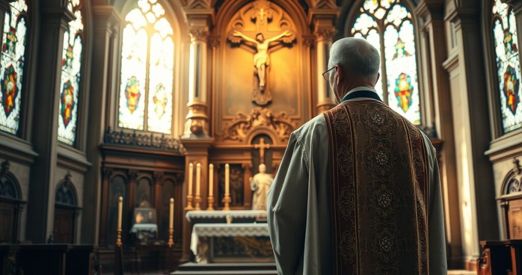 Szalony kapłan w tradycyjnych szatach przed ołtarzem z krucyfiksem, światło naturalne, podkreślające powagę i wiarę, obraz pełen szacunku i duchowości dla katolickiego bloga.