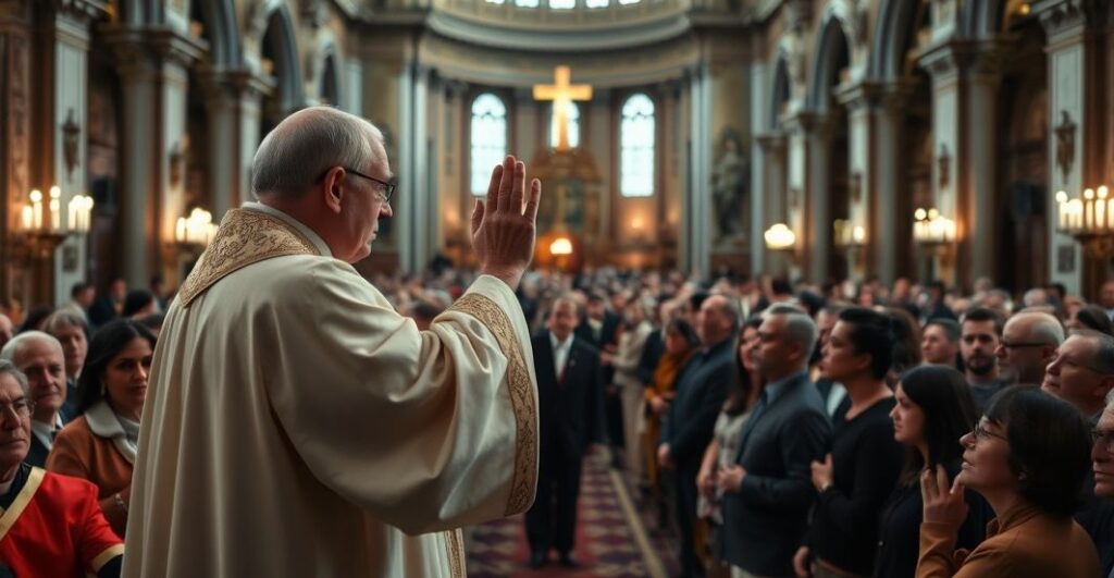 Fotografia realistyczna kapłana katolickiego błogosławiącego wiernych w kościele, ukazująca powagę i krytyczny ton wobec fałszywego kultu Maryi i modernistycznych przywódców kościelnych