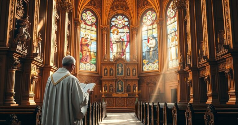 Kościół katolicki z kapłanem w liturgicznej szacie, czytającym Pismo Święte przy ołtarzu, w nastrojowym świetle, oddający duchową powagę i tradycję.