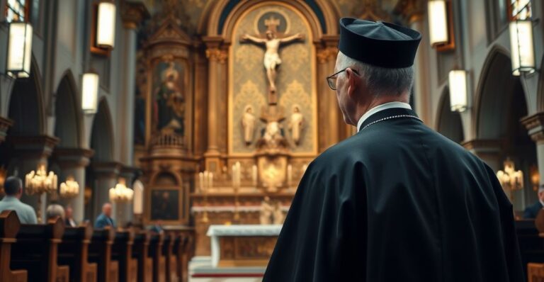 Kapłan katolicki w tradycyjnym stroju przed ołtarzem w kościele, symbolizujący wierność wierze i krytykę ekumenizmu
