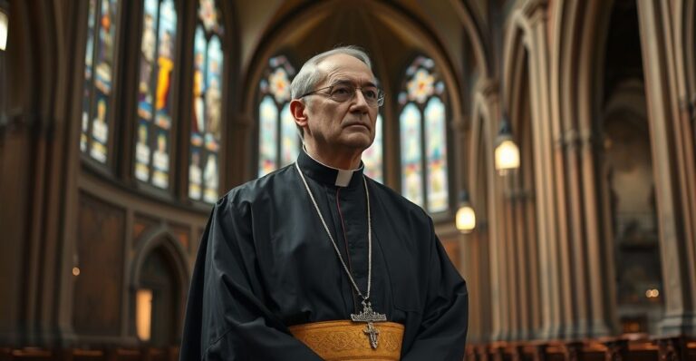 Kapłan w tradycyjnej sutannie w starym kościele, symbolizujący krytykę współczesnej hierarchii kościelnej i kryzys wiary w duchu katolickim