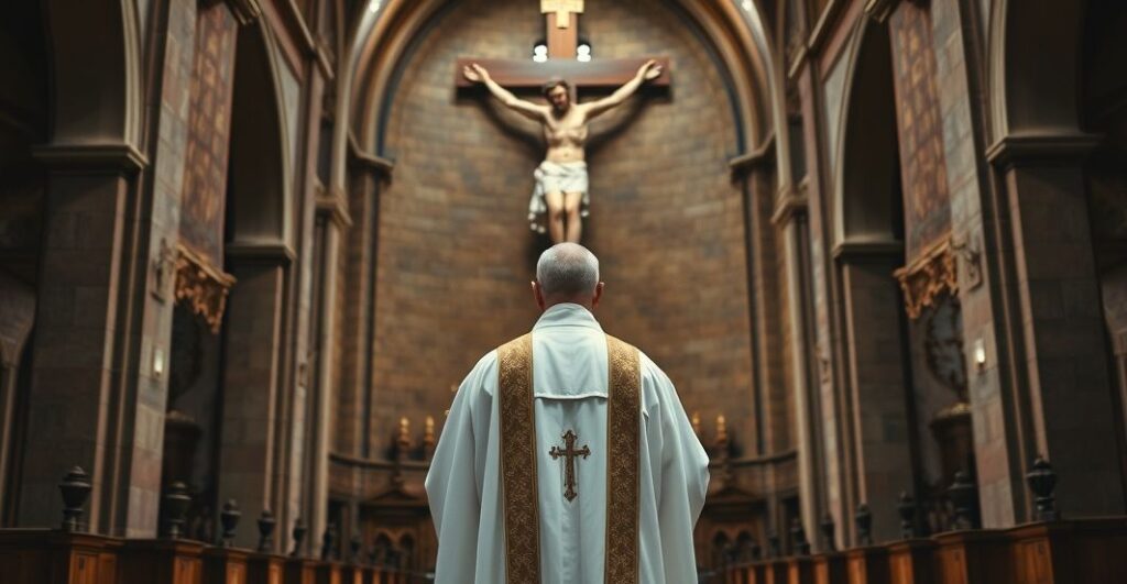 Tradycyjny katolicki kapłan w liturgicznych szatach przed krzyżem w historycznym kościele, symbolizujący wierność wierze i sprzeciw wobec modernistycznego ekumenizmu.