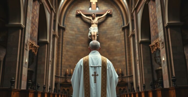Tradycyjny katolicki kapłan w liturgicznych szatach przed krzyżem w historycznym kościele, symbolizujący wierność wierze i sprzeciw wobec modernistycznego ekumenizmu.
