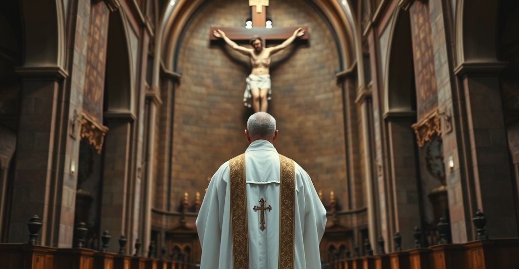 Tradycyjny katolicki kapłan w liturgicznych szatach przed krzyżem w historycznym kościele, symbolizujący wierność wierze i sprzeciw wobec modernistycznego ekumenizmu.