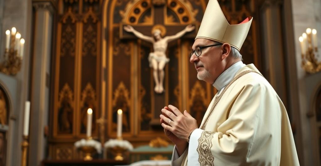 Kapłan katolicki w tradycyjnych szatach modli się przed krucyfiksem w kościele, wyrazem głębokiej pobożności i czci wobec Królestwa Chrystusa
