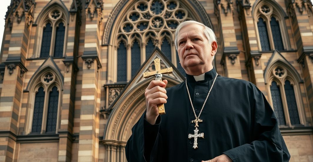 Ksiądz katolicki przed kościołem - kryzys i odnowa duchowa Kapłan katolicki w tradycyjnym stroju przed kościołem, symbolizujący kryzys wiary i odnowę duchową w katolicyzmie