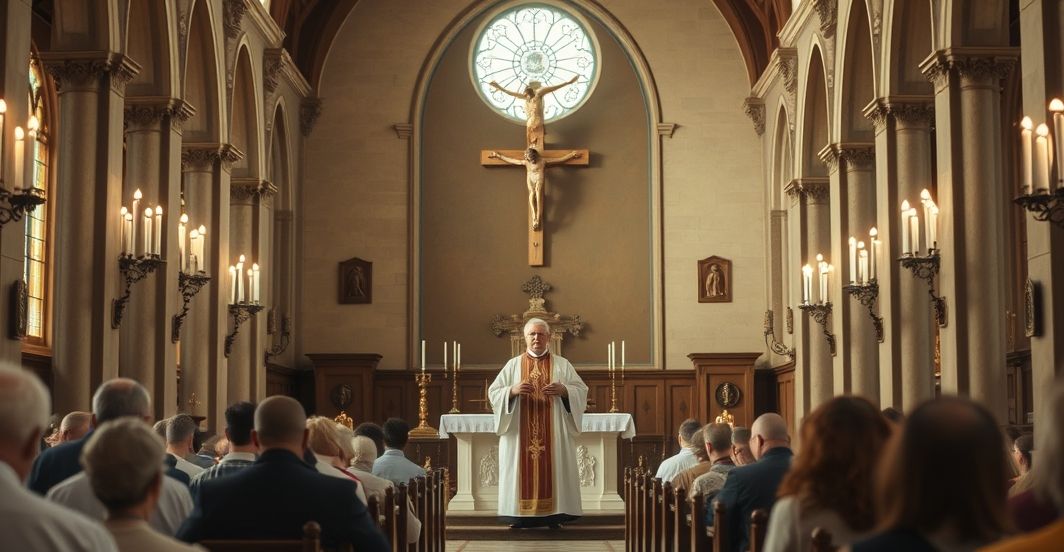 Katedra katolicka podczas kazania o herezjach modernistycznych Ołtarz w tradycyjnej katolickiej świątyni z kapłanem krytykującym herezję modernistyczną, wywołującym refleksję nad błędami współczesnej teologii