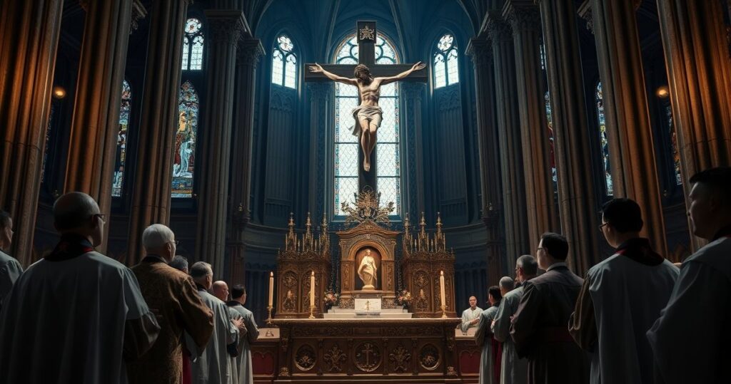 Wnętrze katolickiego kościoła z kapłanami, krucyfiksem i ołtarzem, symbolizujące duchową walkę i krytykę nowoczesnych błędów w Kościele.