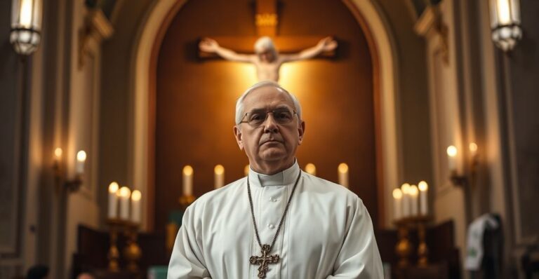 Ksiądz w tradycyjnej szacie katolickiej w kościele, wyraz powagi i krytyki modernistycznego dialogu medialnego wobec prawdy katolickiej